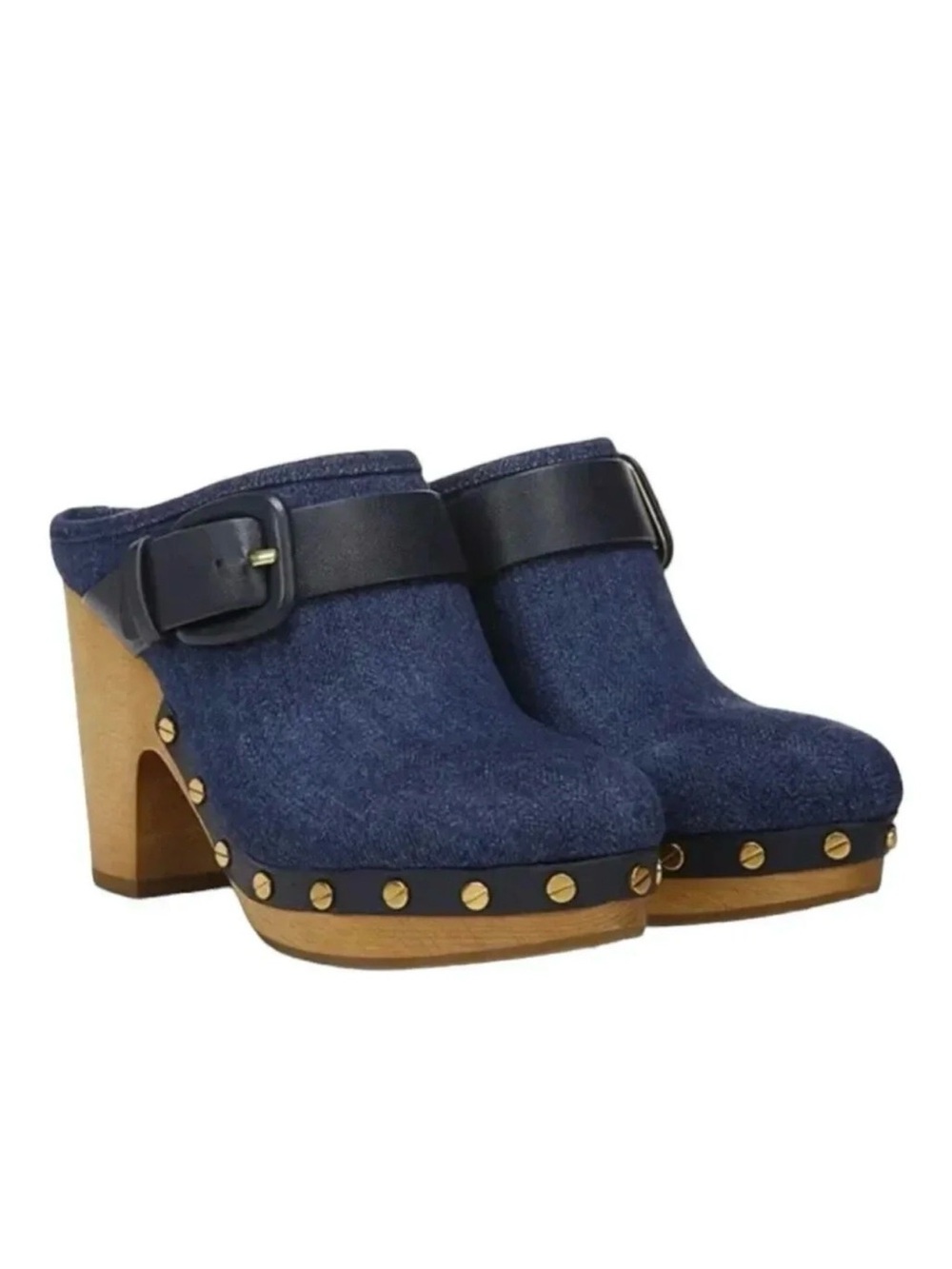 Veronica Beard Denim Blue Platform Clog Heels with Gold Studs